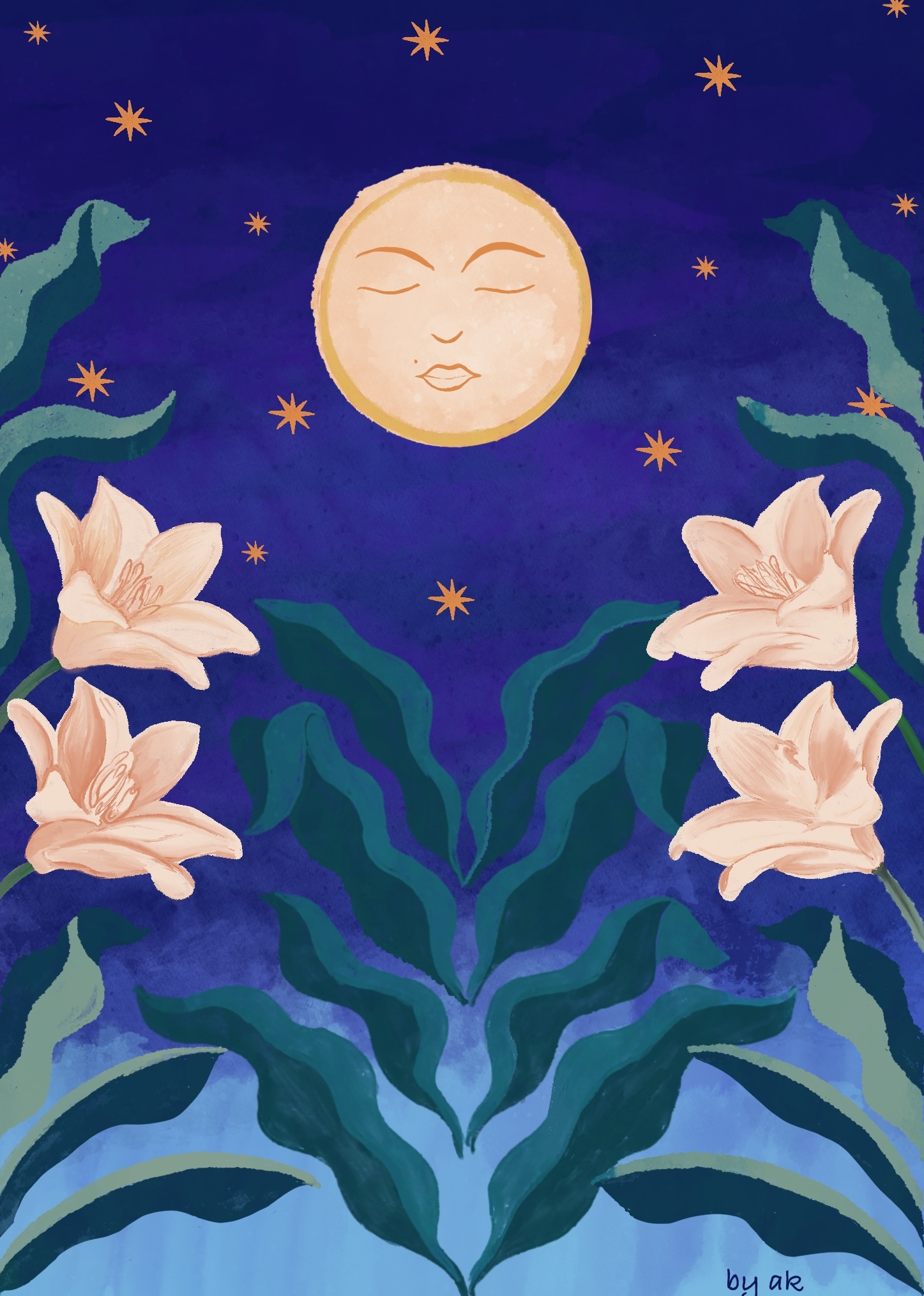 Digital illustration of a serene moon-face amid lilies and stars on deep indigo