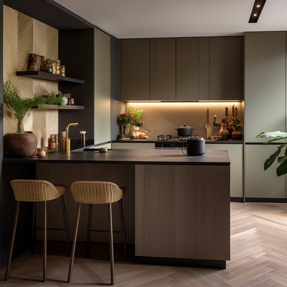 Moody kitchen with dark cabinetry, warm under-shelf lighting and rattan bar stools