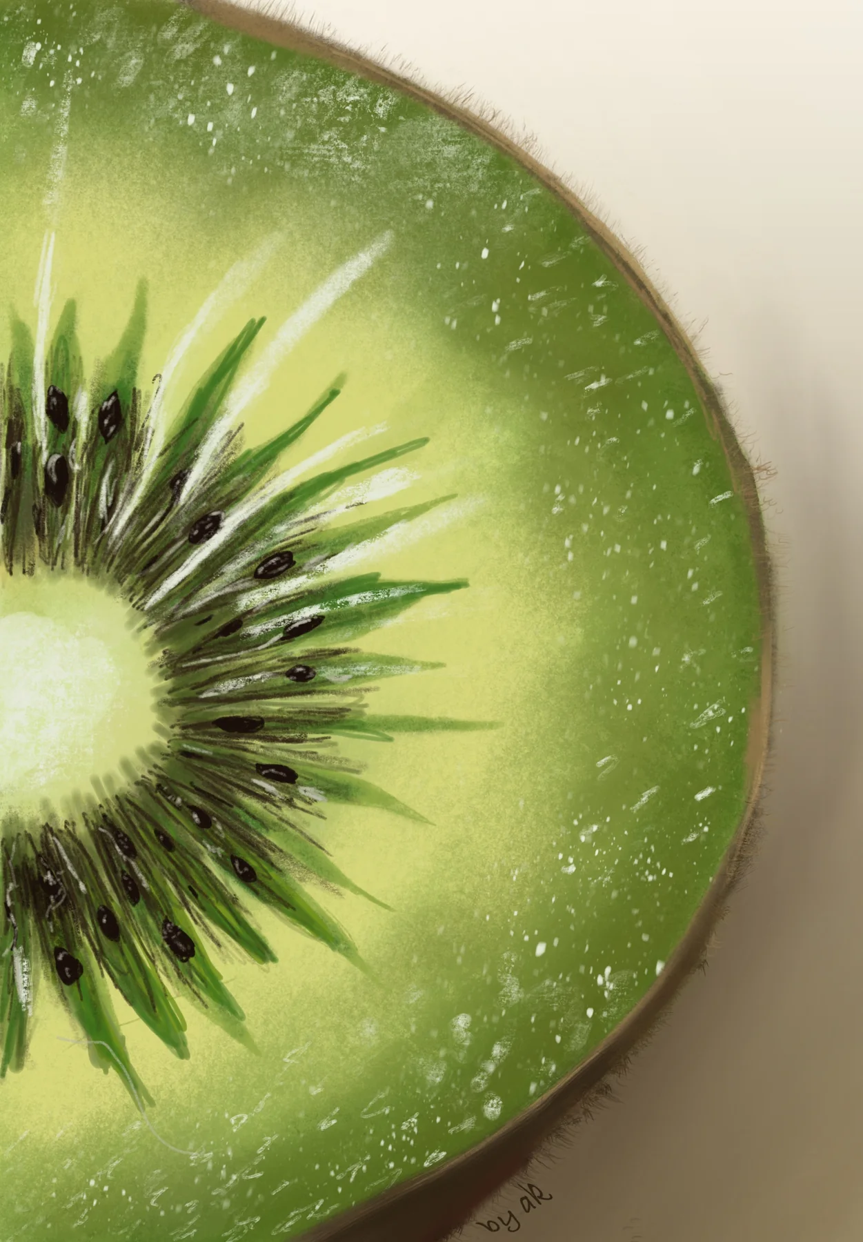 Close-up painting of a kiwi cross-section revealing luminous green flesh