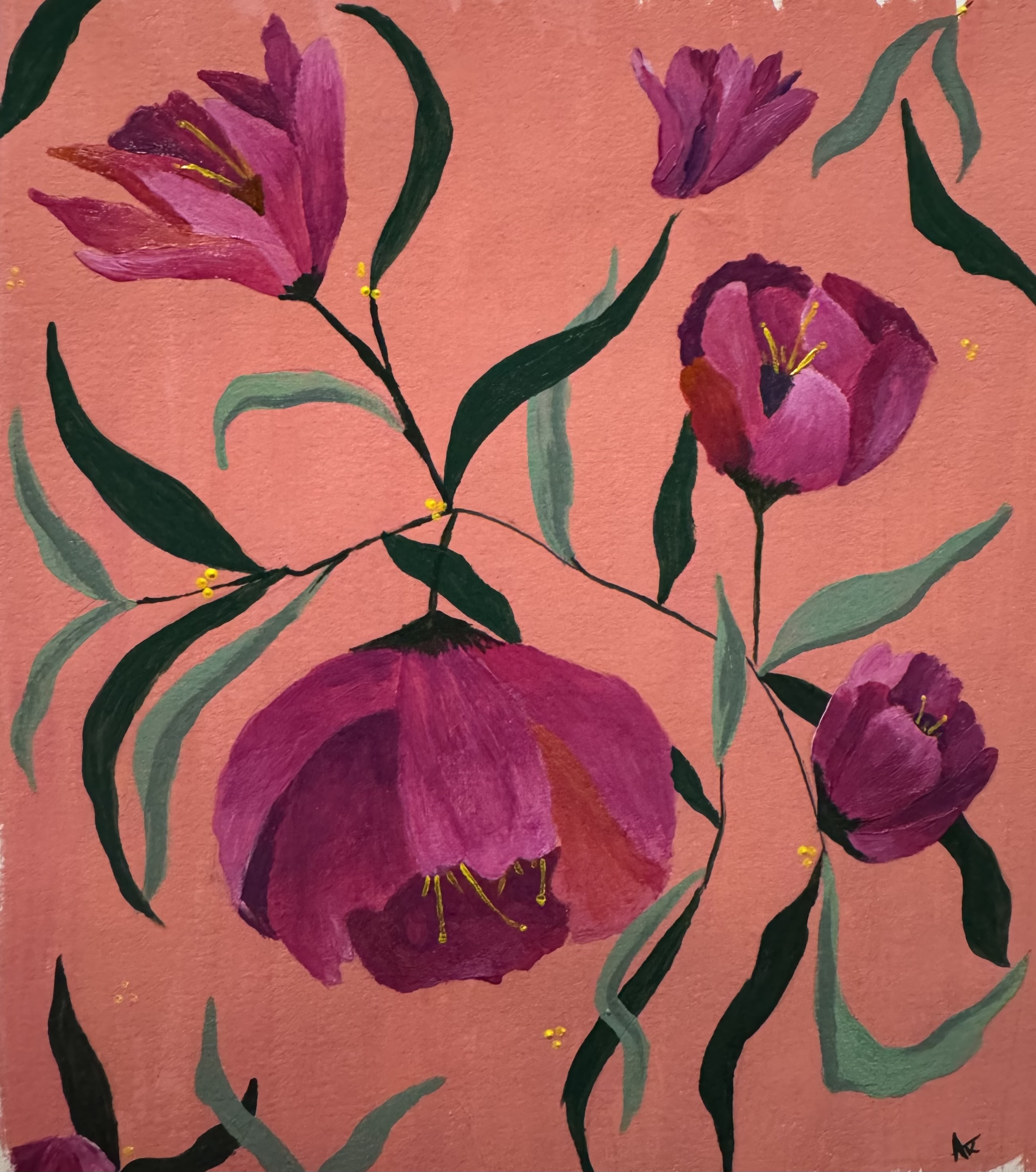 Acrylic painting of oversized magenta tulips on a warm coral ground