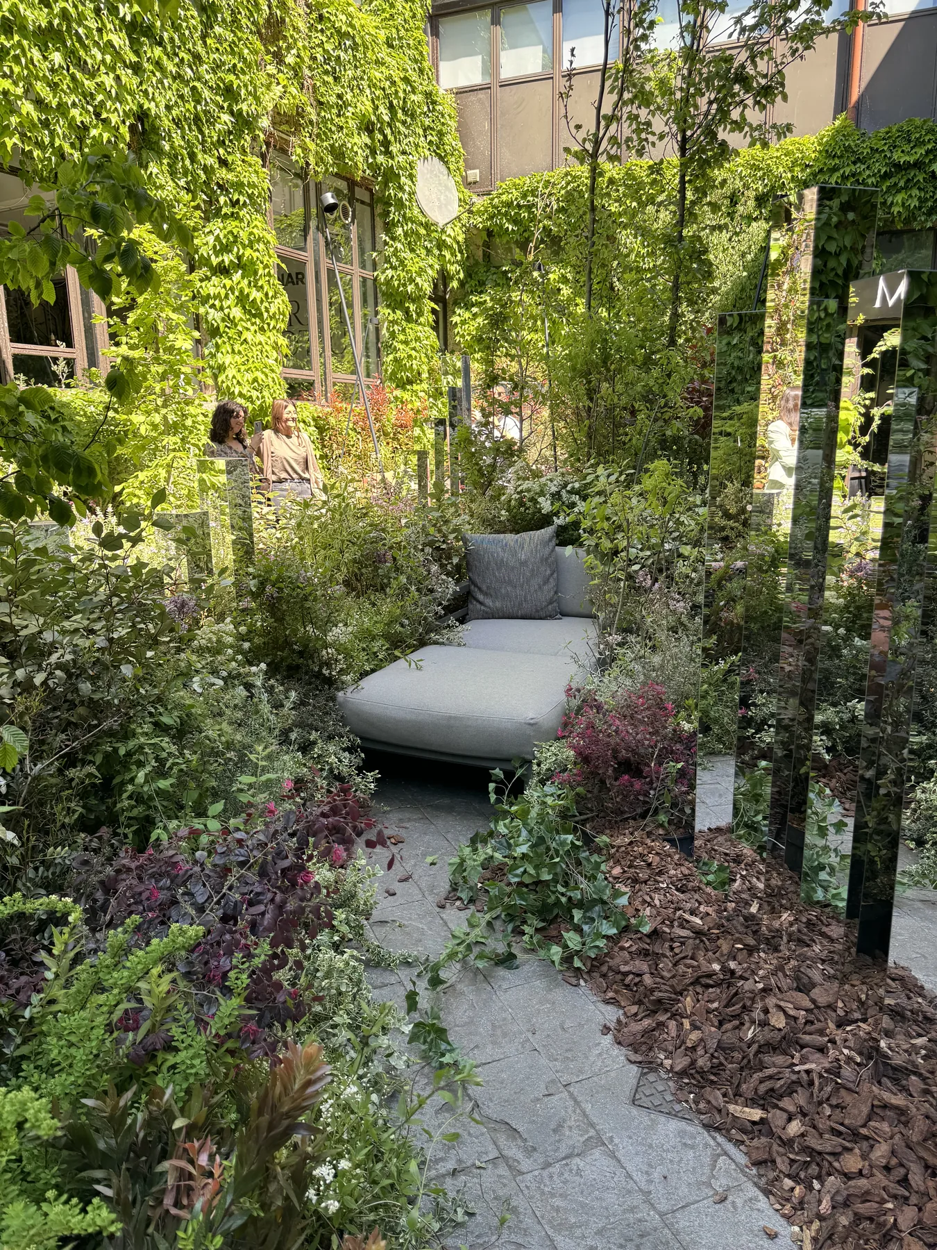 Lush urban garden courtyard with a grey daybed surrounded by dense climbing vines