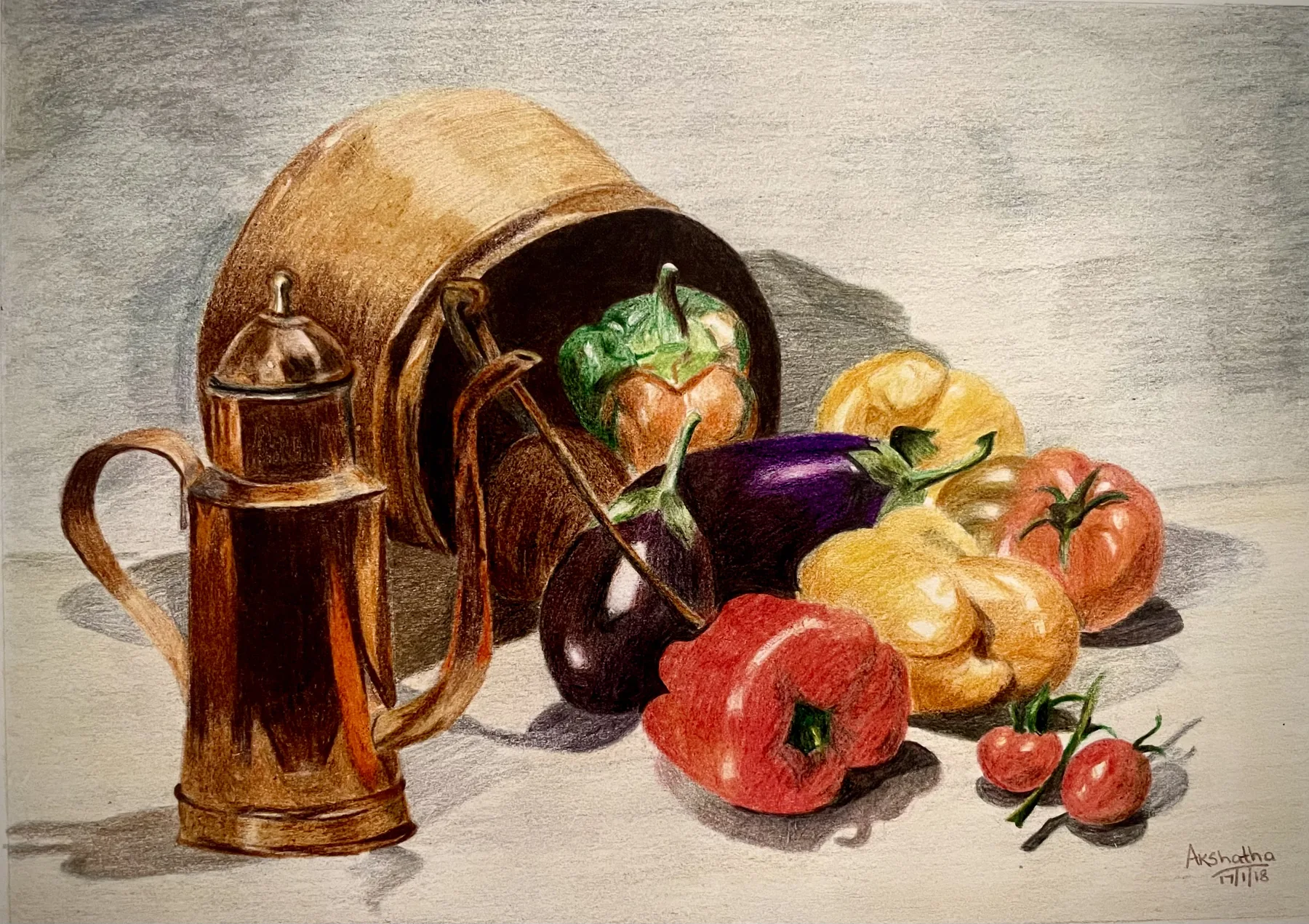 Illustrated still-life composition with botanicals and everyday objects