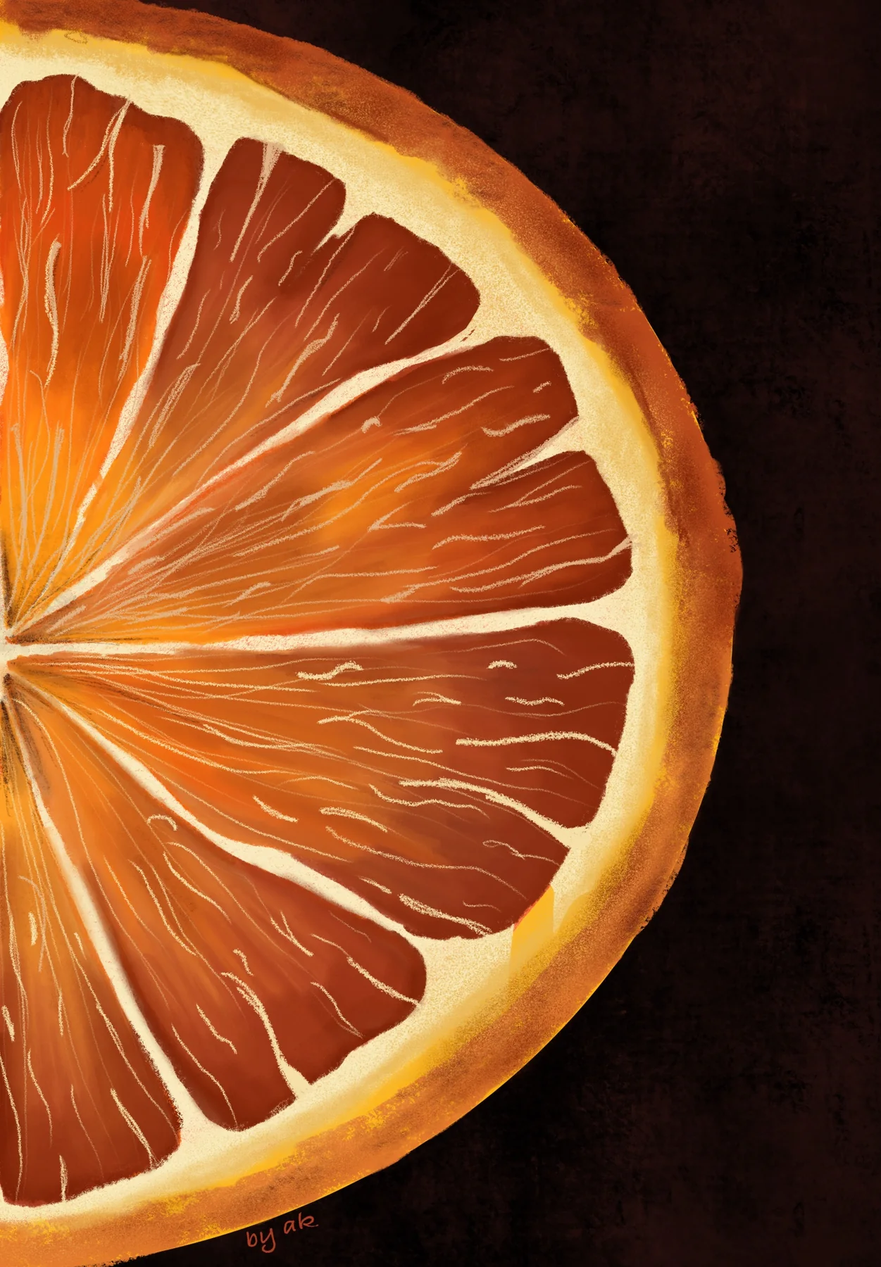 Painting of a halved blood orange cross-section against a deep black background