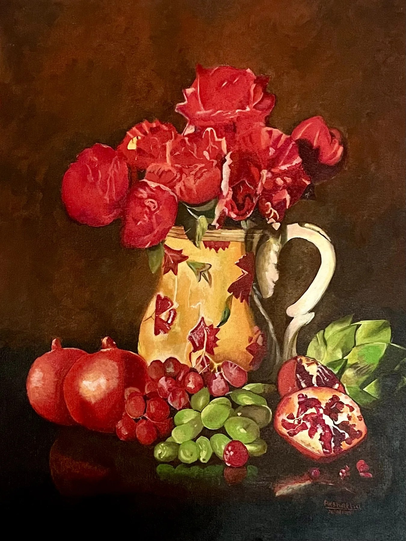 Oil painting of red roses in a jug alongside pomegranates and grapes on a dark ground