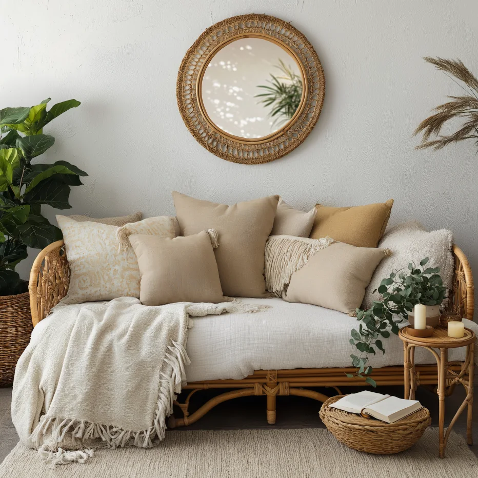 Rattan and wicker living room with warm afternoon light filtering through sheer curtains
