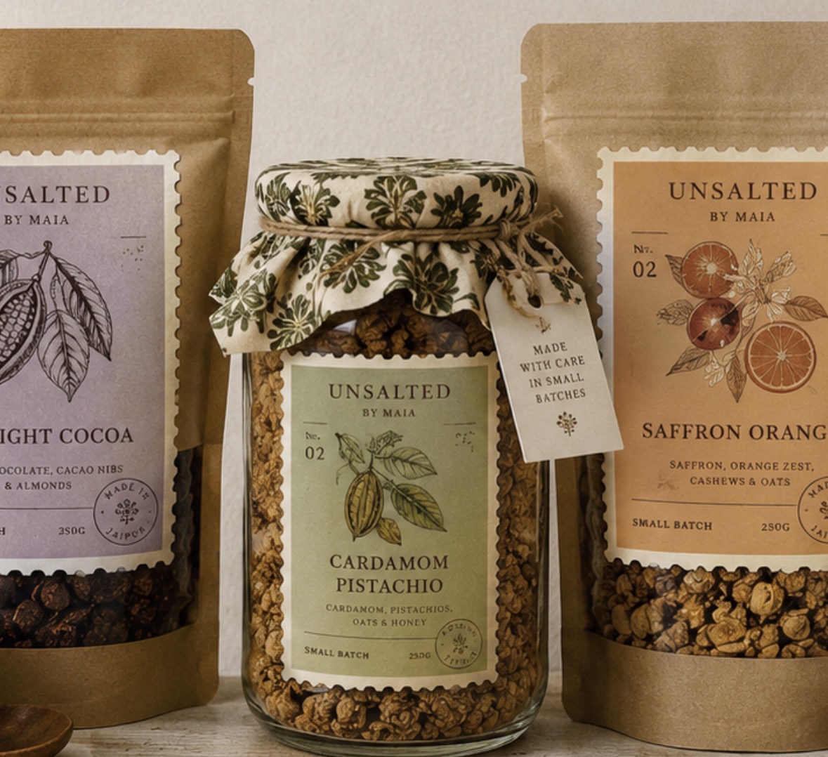 Trio of kraft pouches with hand-illustrated botanical labels