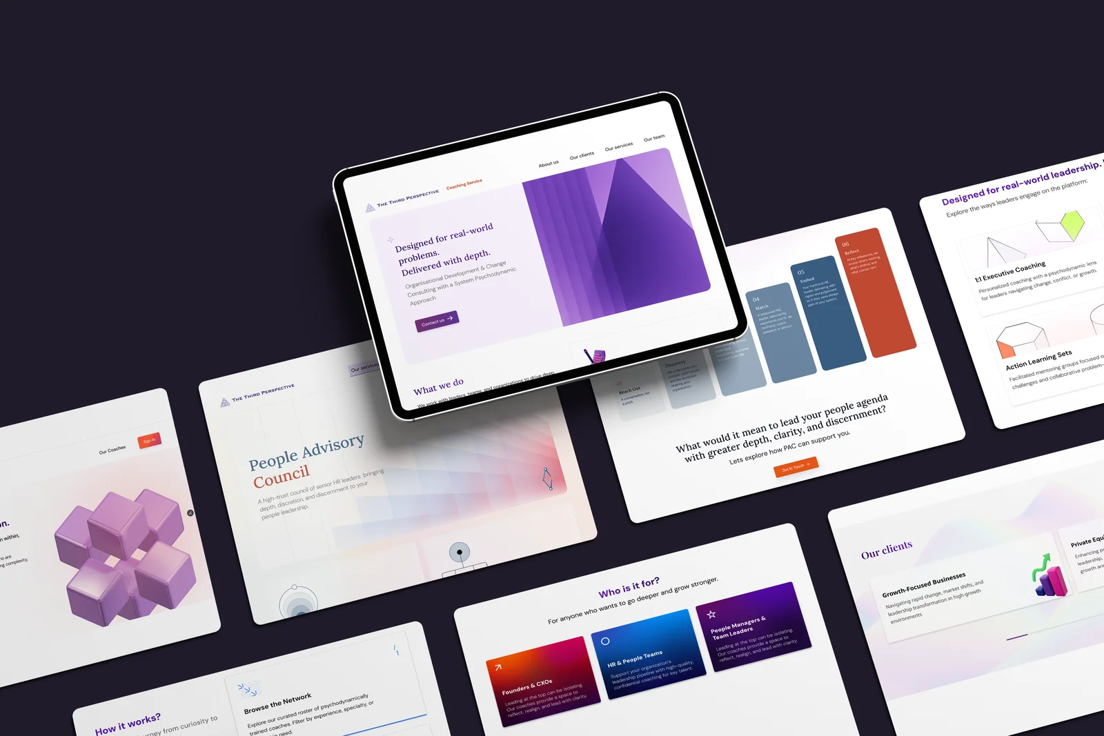 Brand system flat lay with tablet, cards and colour palettes