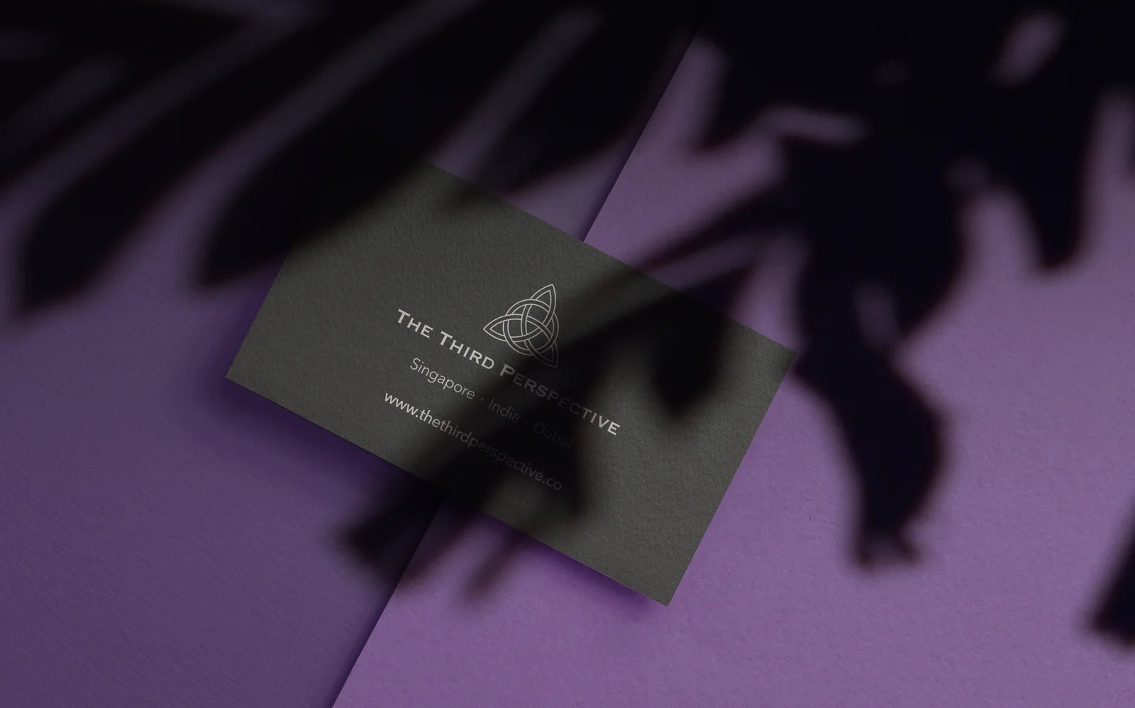 Dark business card in violet light under palm shadows