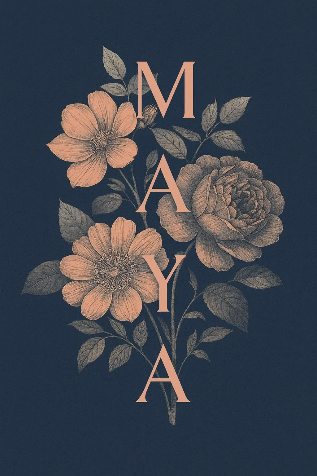 Dark floral sticker design with the name Maya in serif type