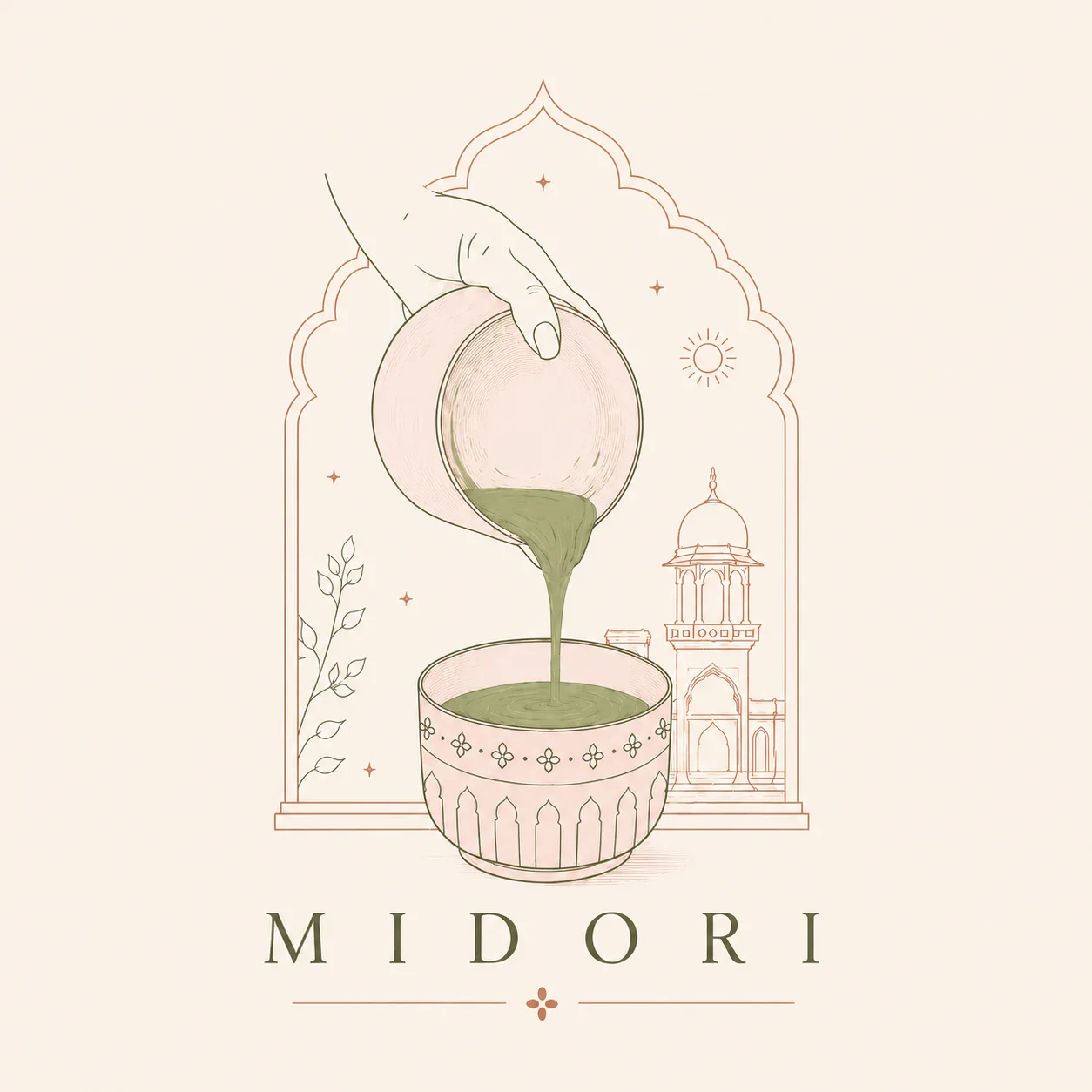 Illustrated brand mark of matcha being poured, framed by an arch