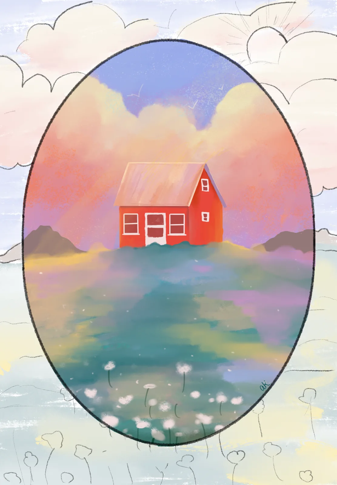 Oval painting of a red house in a pastel lake landscape