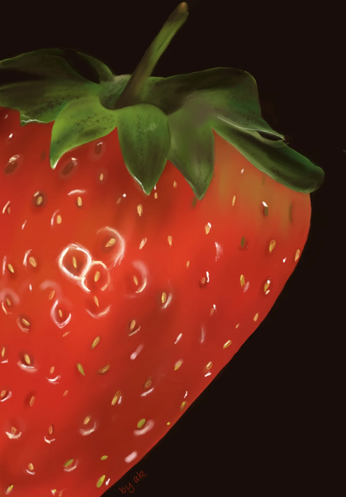 Close painting of a strawberry with golden seeds