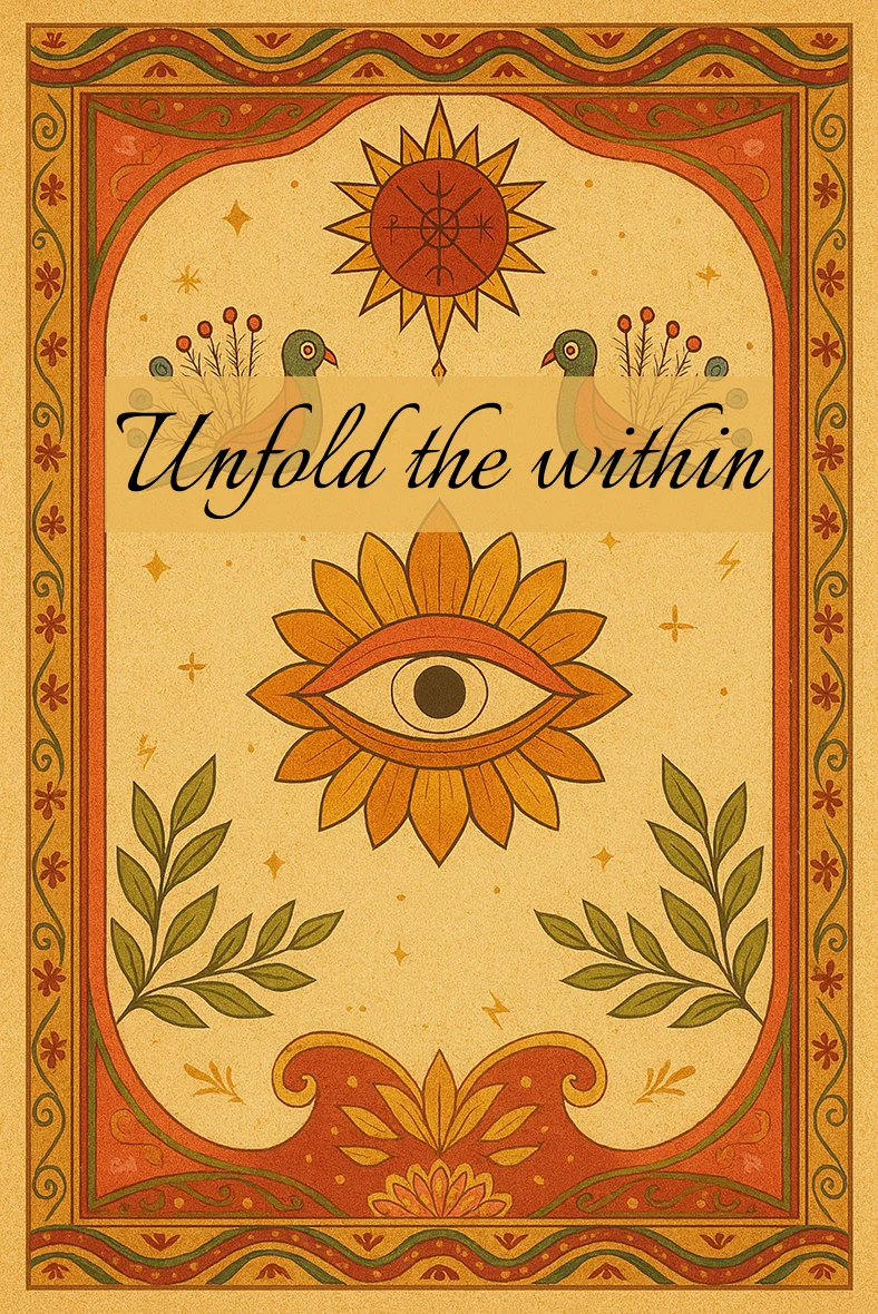 Hand-illustrated tarot card titled Unfold the Within, an all-seeing eye in a marigold border