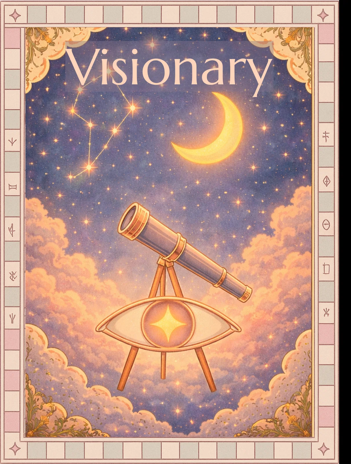Tarot card titled Visionary, a telescope under a crescent moon and stars