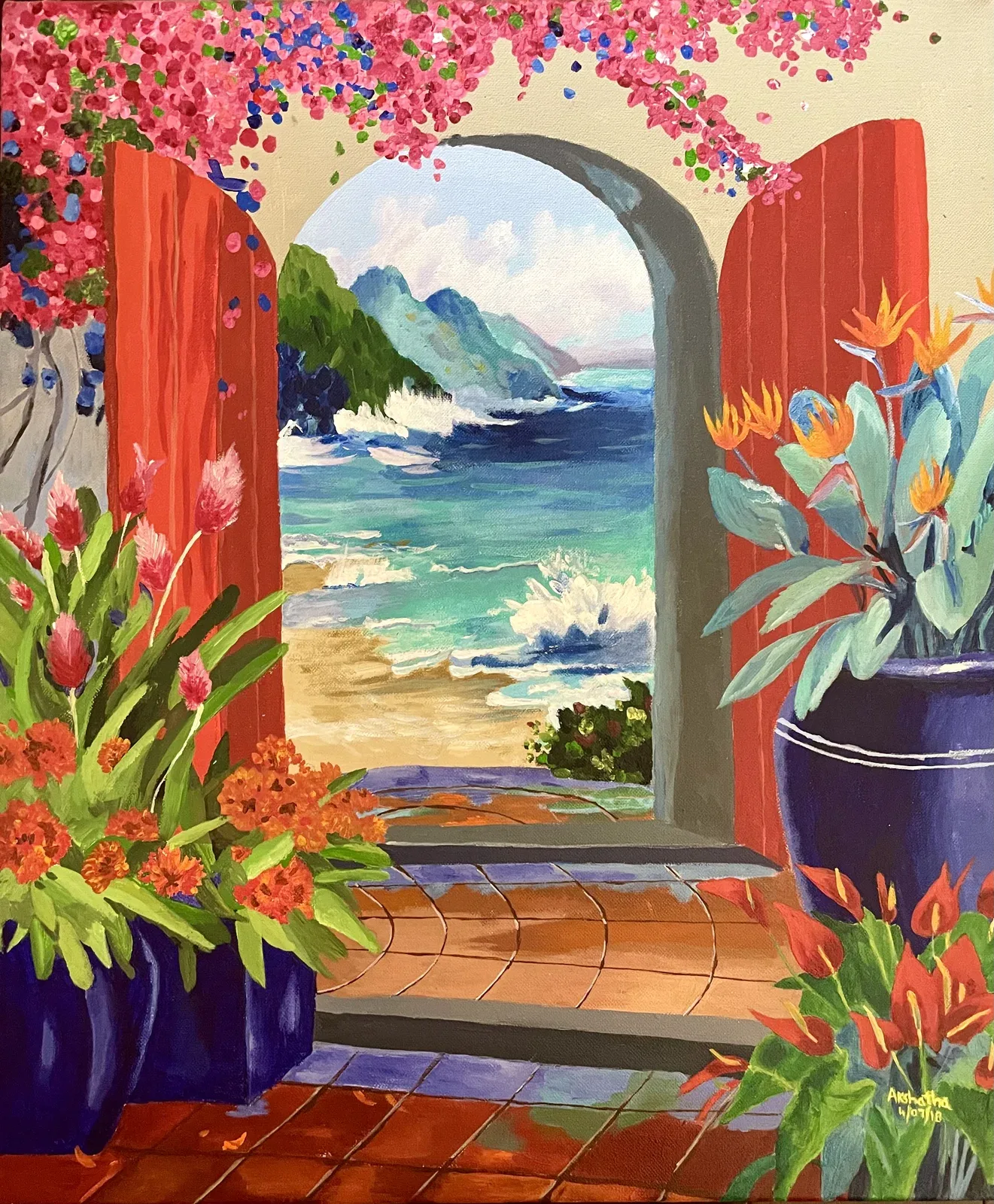Painting of an arched window opening to the sea, flowers in the foreground